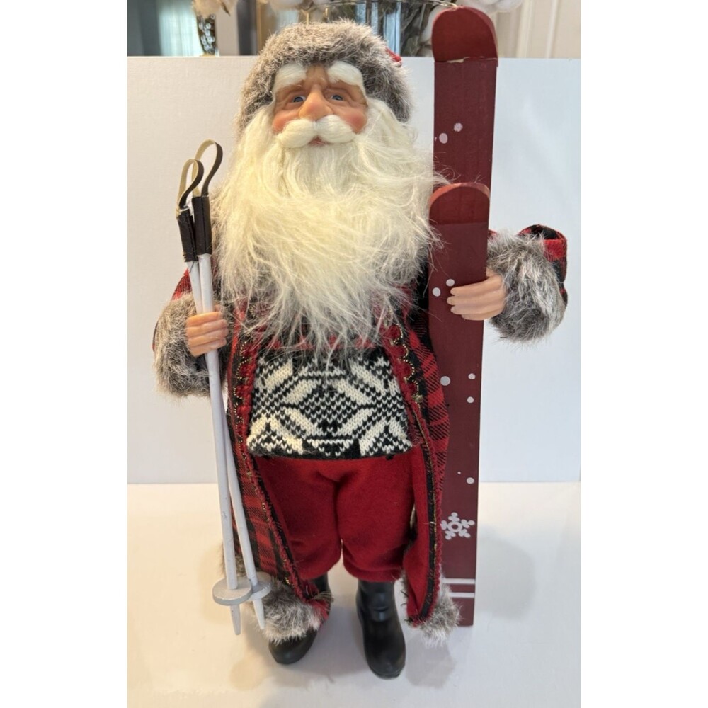 Santa Claus Wooden Snow Skis Figurine 16” Tall Christmas Sweater Winter Coat
